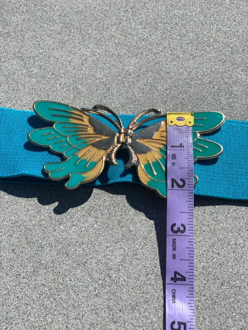 Vintage Wide Statement Cinch Waist Belt M Blue Elastic Gold Butterfly Buckle 90s